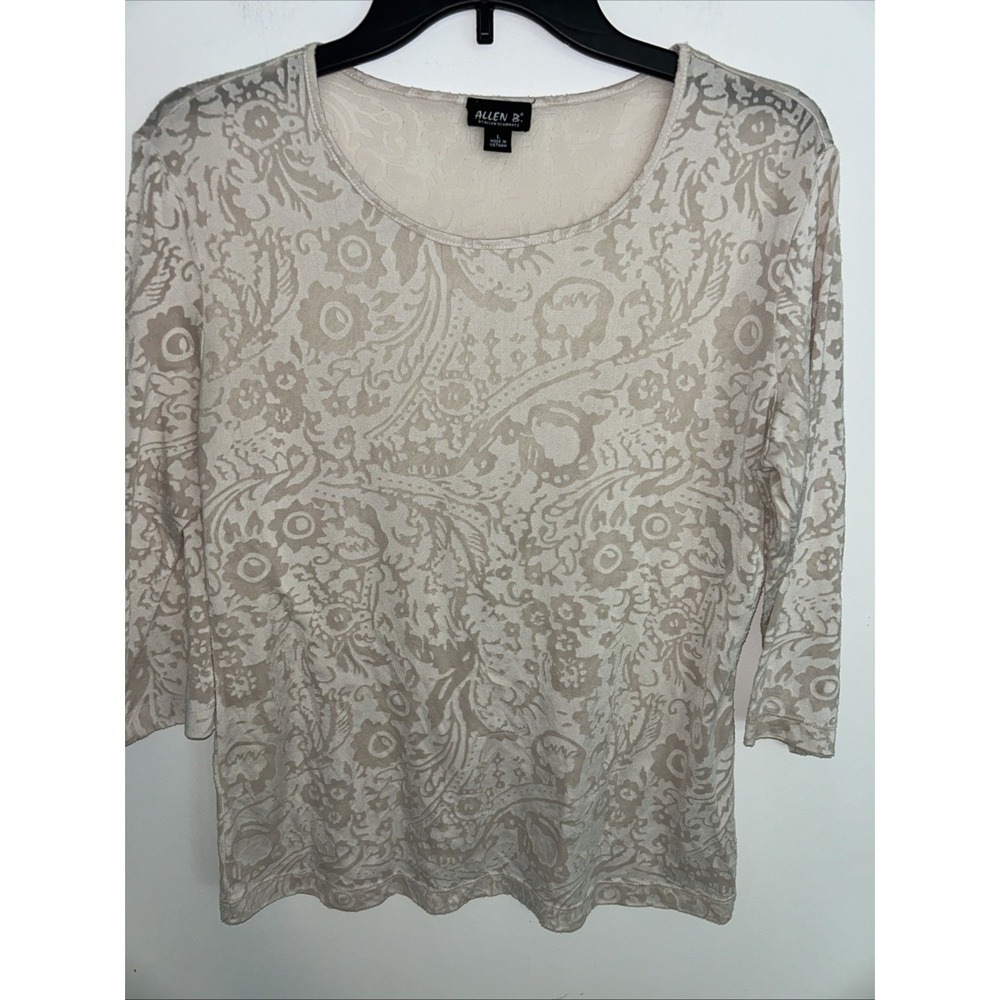 Alan B By Alan Schwartz‎ Women's L Sheer White Beige Floral 3/4 Sleeve Pull Over
